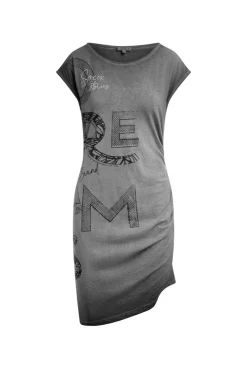 Asymetrisches Jerseykleid mit Print und Raffung black