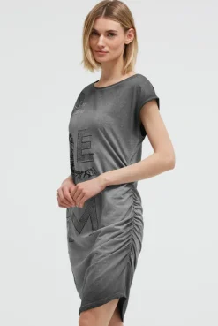 Asymetrisches Jerseykleid mit Print und Raffung black