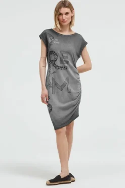 Asymetrisches Jerseykleid mit Print und Raffung black