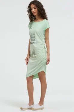 Asymetrisches Jerseykleid mit Print und Raffung neon green