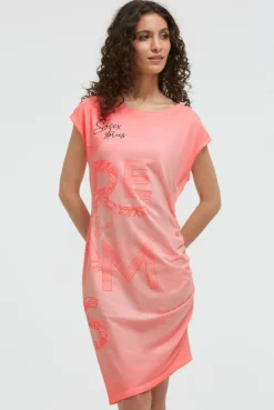 Asymetrisches Jerseykleid mit Print und Raffung neon flame
