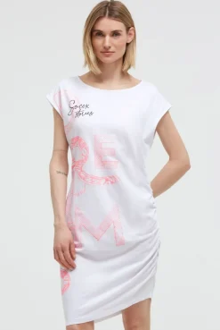 Asymetrisches Jerseykleid mit Print und Raffung opticwhite