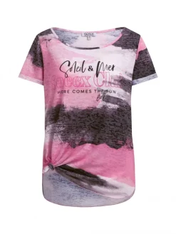 Ausbrenner-Shirt mit All Over Print und Knotensaum vivid pink