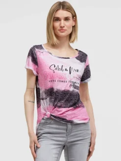 Ausbrenner-Shirt mit All Over Print und Knotensaum vivid pink