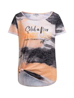 Ausbrenner-Shirt mit All Over Print und Knotensaum neon apricot