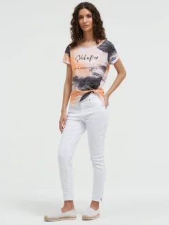 Ausbrenner-Shirt mit All Over Print und Knotensaum neon apricot