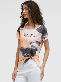Ausbrenner-Shirt mit All Over Print und Knotensaum neon apricot