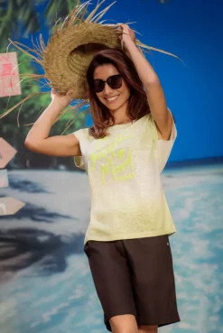 Ausbrenner-Shirt mit Pailletten-Wording vivid lemon