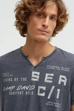 Ausbrenner-Shirt mit Used Look und Label Prints blue navy