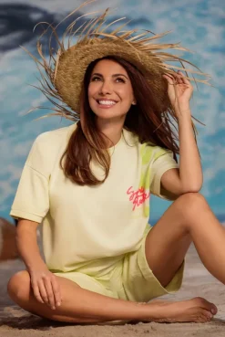 Ausbrenner-Sweatshirt Kurzarm mit Artwork vivid lemon