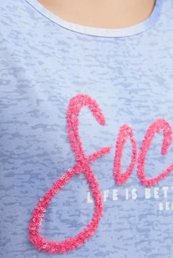 Ausbrenner-T-Shirt mit Pailletten - Wording soft ocean