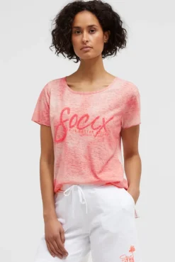 Ausbrenner-T-Shirt mit Pailletten - Wording neon coral