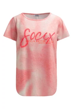Ausbrenner-T-Shirt mit Pailletten - Wording neon coral
