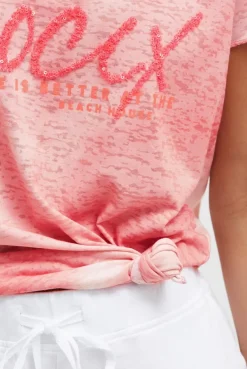 Ausbrenner-T-Shirt mit Pailletten - Wording neon coral