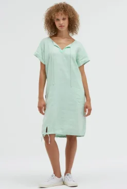 Ballonkleid aus Leinen mit Ajour-Details leafy mint