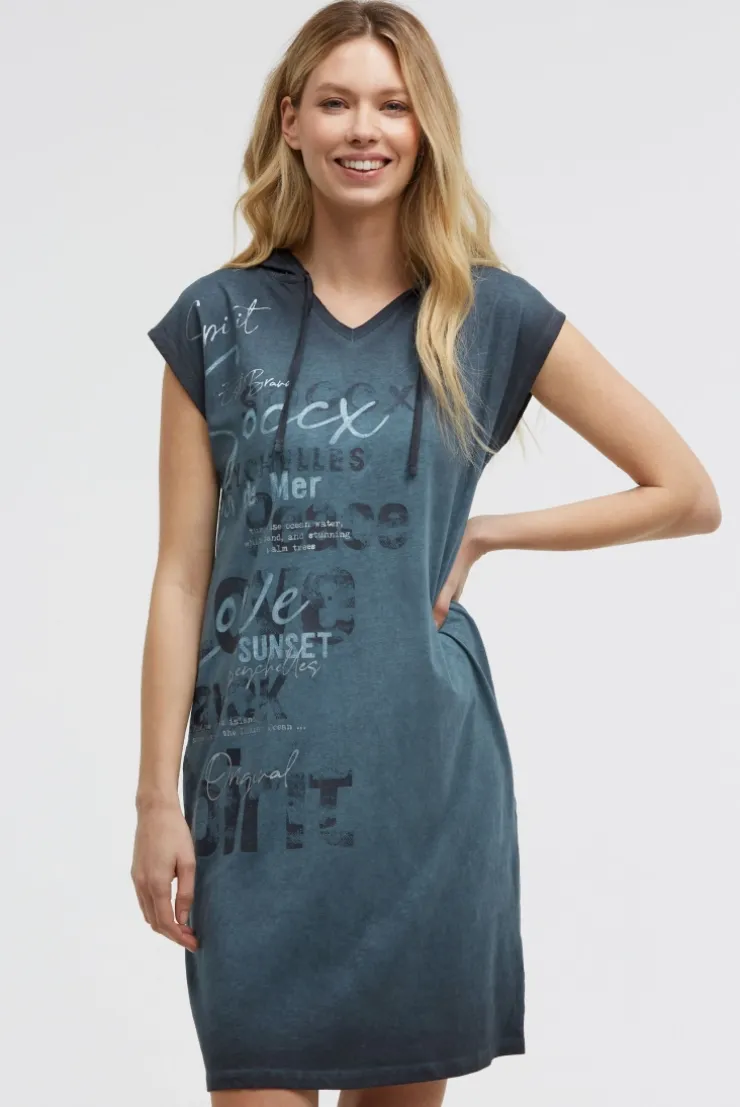 Basic Hoodie-Kleid mit Wording Print blue navy