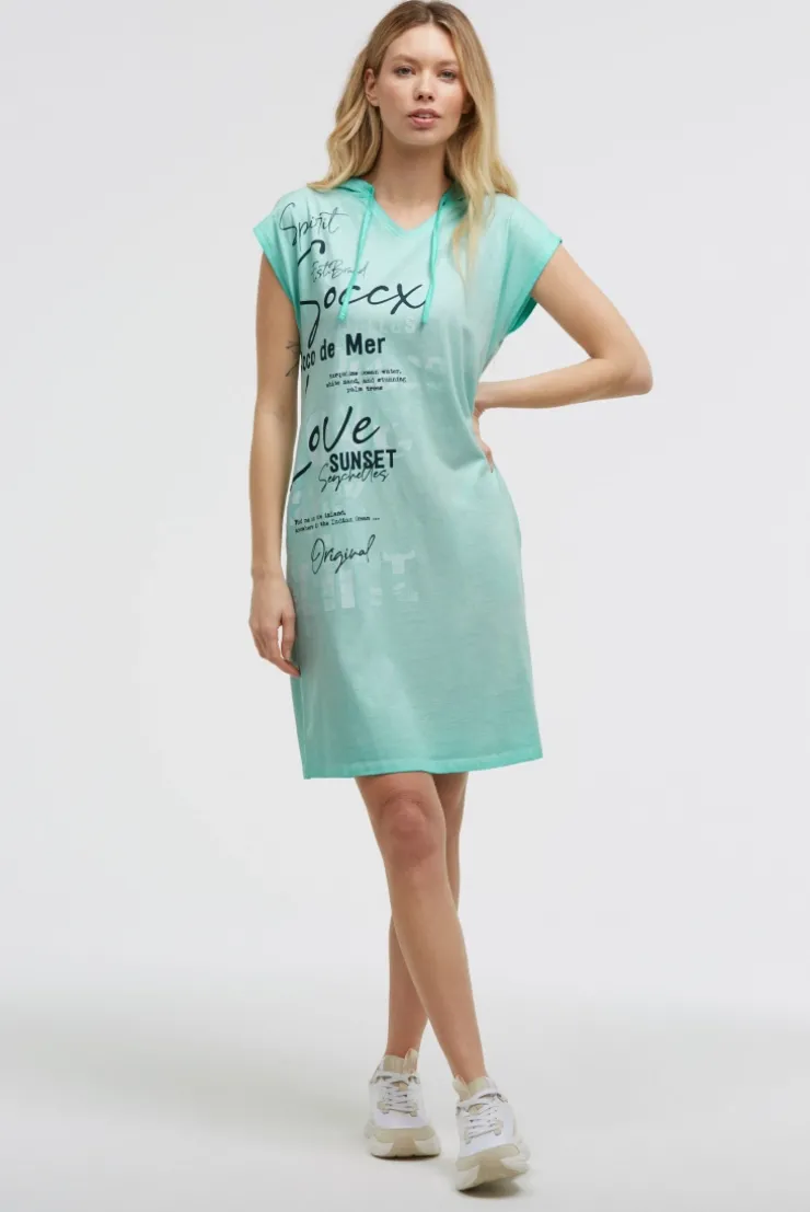 Basic Hoodie-Kleid mit Wording Print crystal aqua