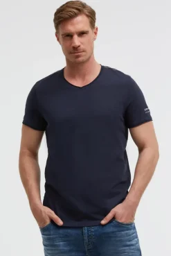Basic T-Shirt mit V-Neck und Print blue navy
