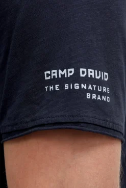 Basic T-Shirt mit V-Neck und Print blue navy