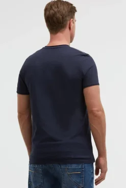 Basic T-Shirt mit V-Neck und Print blue navy