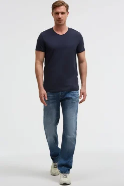 Basic T-Shirt mit V-Neck und Print blue navy