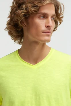 Basic T-Shirt mit V-Neck und Print neon lime
