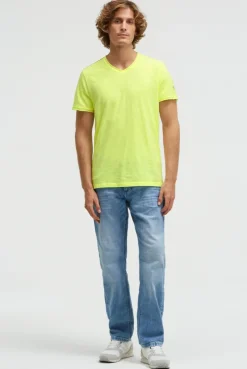 Basic T-Shirt mit V-Neck und Print neon lime