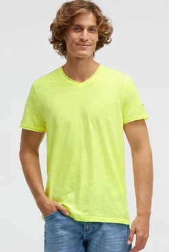 Basic T-Shirt mit V-Neck und Print neon lime