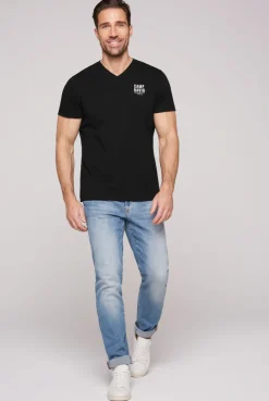 Basic T-Shirt V-Neck mit Logo Print black