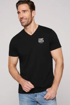 Basic T-Shirt V-Neck mit Logo Print black