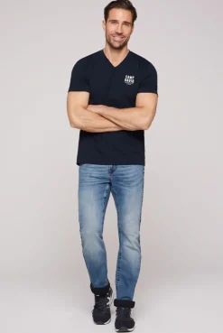 Basic T-Shirt V-Neck mit Logo Print blue navy