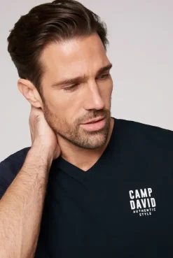 Basic T-Shirt V-Neck mit Logo Print blue navy