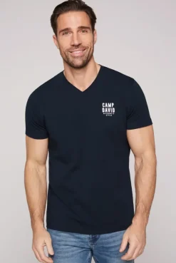 Basic T-Shirt V-Neck mit Logo Print blue navy