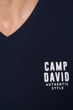 Basic T-Shirt V-Neck mit Logo Print blue navy