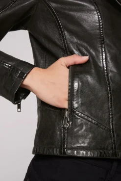 Bikerjacke aus Leder im Vintage Look black | S