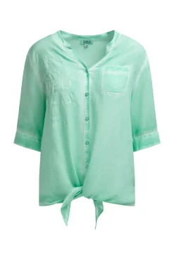 Bluse Kurzarm mit Knotensaum und Print french mint
