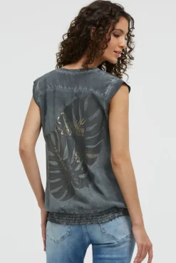Blusentop mit gesmoktem Saum und Rückenprint green shadow
