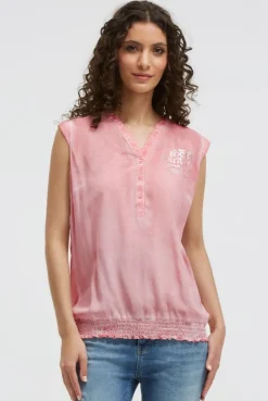 Blusentop mit gesmoktem Saum und Rückenprint beachy red