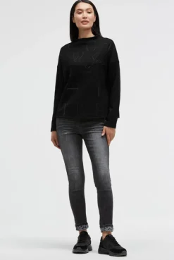 Boxy-Sweatshirt mit Print und Schmucksteinen black