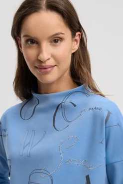 Boxy-Sweatshirt mit Print und Schmucksteinen blue heaven