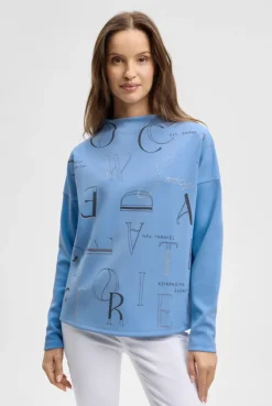 Boxy-Sweatshirt mit Print und Schmucksteinen blue heaven