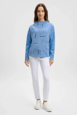 Boxy-Sweatshirt mit Print und Schmucksteinen blue heaven