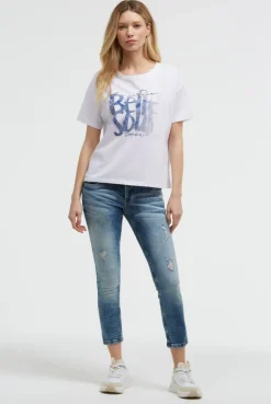 Boxy T-Shirt mit Print und Schmucksteinen opticwhite