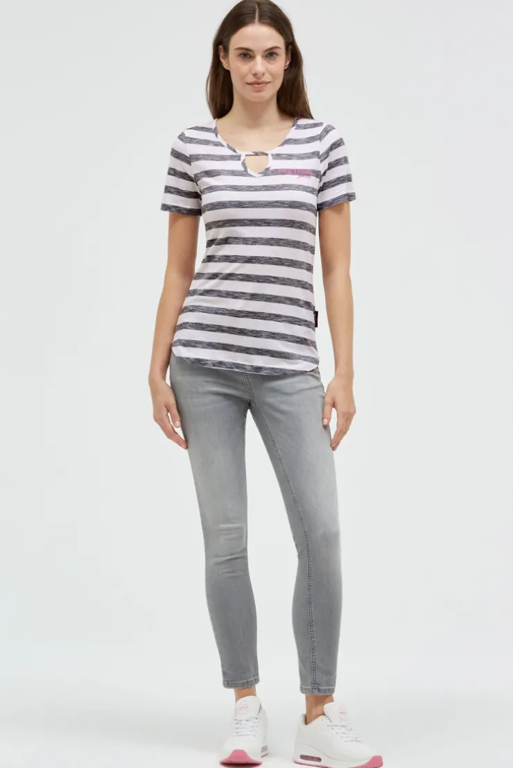 Gestreiftes T-Shirt mit Cut-Out und Print blue navy