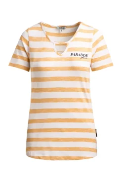 Gestreiftes T-Shirt mit Cut-Out und Print fresh mango