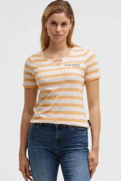 Gestreiftes T-Shirt mit Cut-Out und Print fresh mango