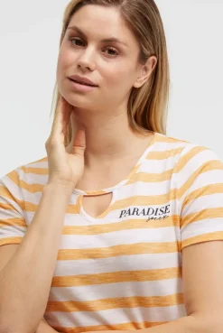 Gestreiftes T-Shirt mit Cut-Out und Print fresh mango