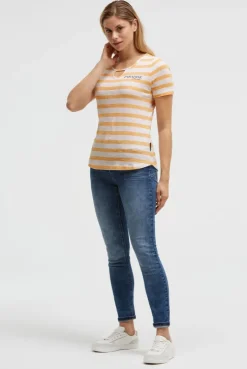 Gestreiftes T-Shirt mit Cut-Out und Print fresh mango