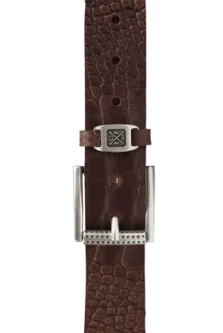 Gürtel aus geprägtem Leder mit Metall-Logo dark brown