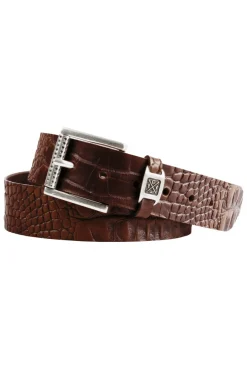 Gürtel aus geprägtem Leder mit Metall-Logo dark brown